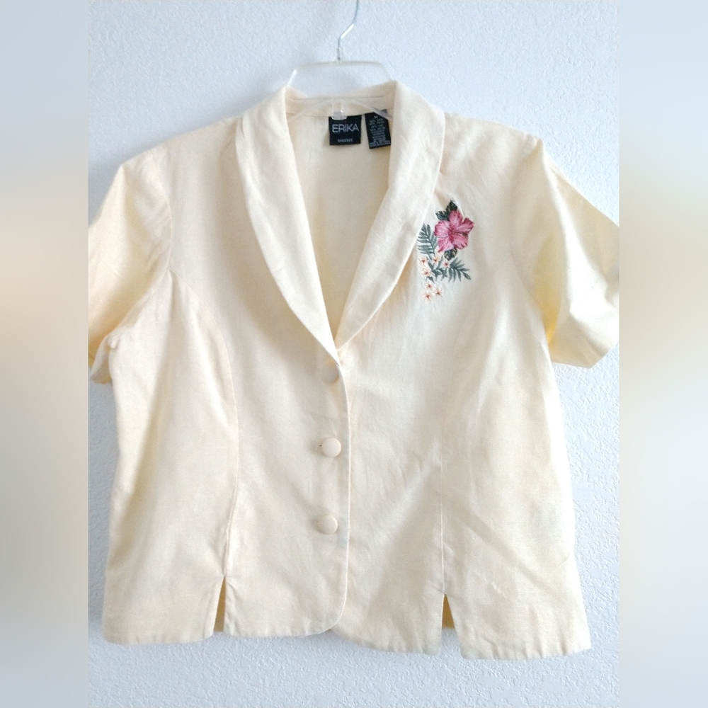 FLAW Cute Vintage 80s Yellow Floral Embroidered Top Shirt UPCYLE DIY Size MP
